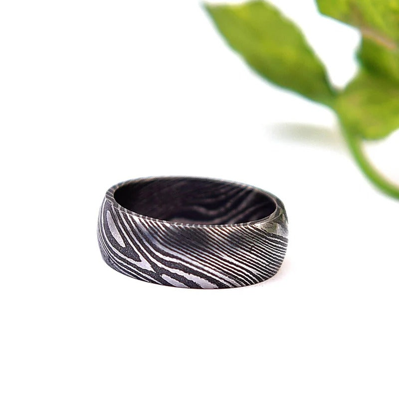 Hand Forged Damascus Steel Ring: Domed Comfort Fit Wedding Band