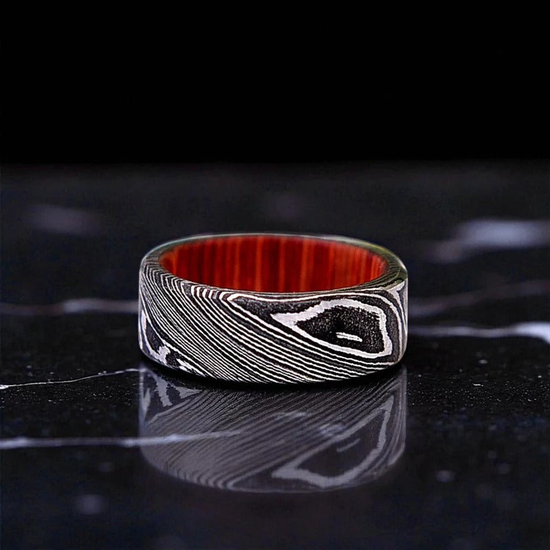 Handmade Damascus Ring with Red Whiskey Barrel Wood – Bold Men’s Wedding or Promise Band.