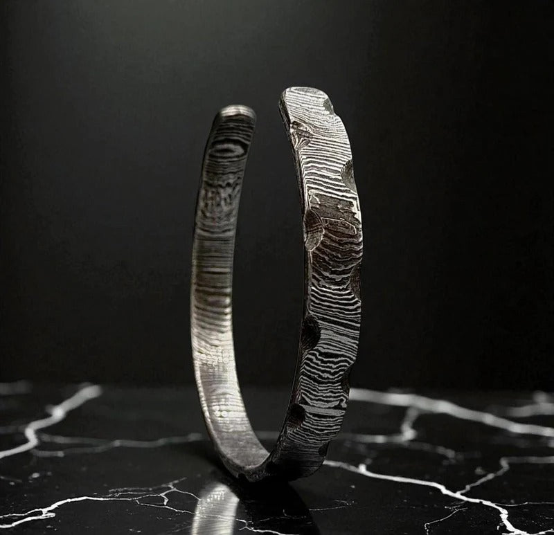 Handmade Damascus Steel Cuff Bracelet: Rustic Forged Bangle
