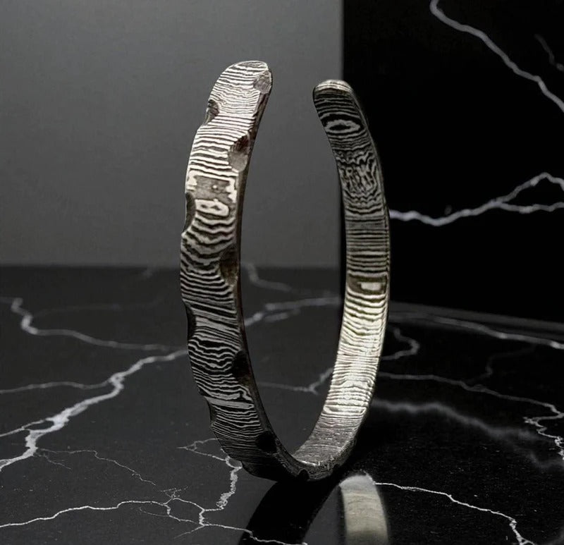 Handmade Damascus Steel Cuff Bracelet: Rustic Forged Bangle