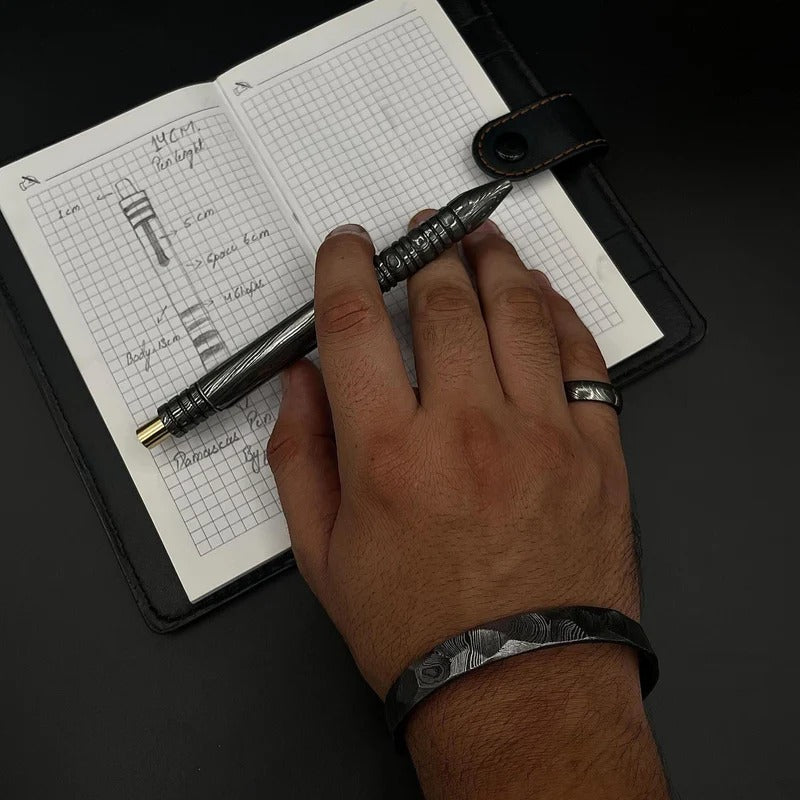 Handmade Damascus Steel Pen, Bracelet & Ring Set: Executive Gift