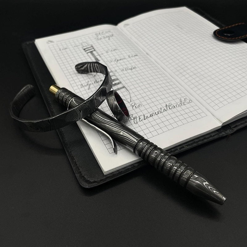 Handmade Damascus Steel Pen, Bracelet & Ring Set: Executive Gift