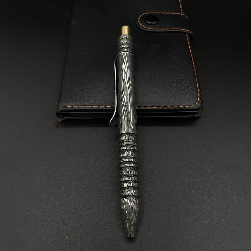 Handmade Damascus Steel Pen: Luxury Brass Accent Writing Instrument