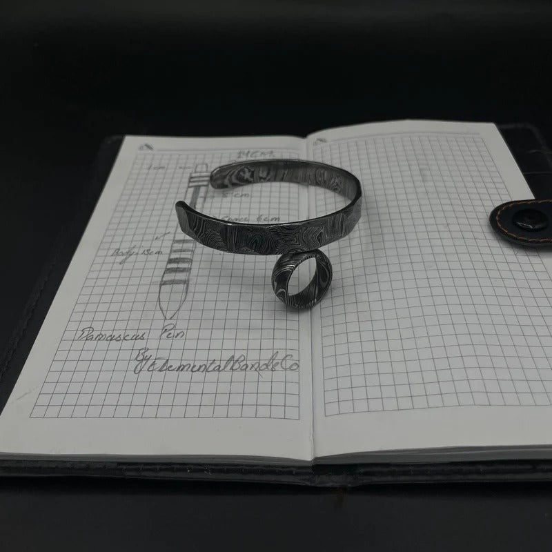 Handmade Damascus Steel Pen, Bracelet & Ring Set: Executive Gift