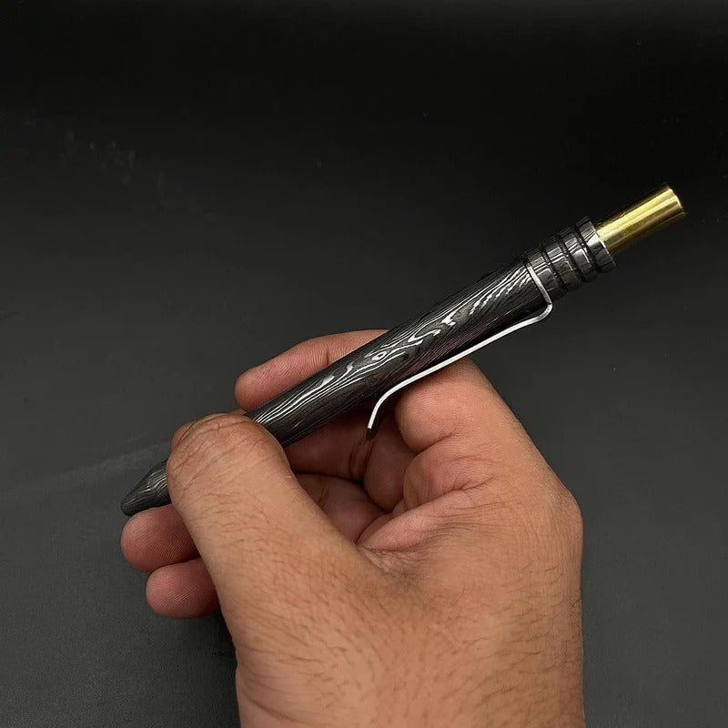 Handmade Damascus Steel Pen: Brass Accents, Luxury Writing Instrument