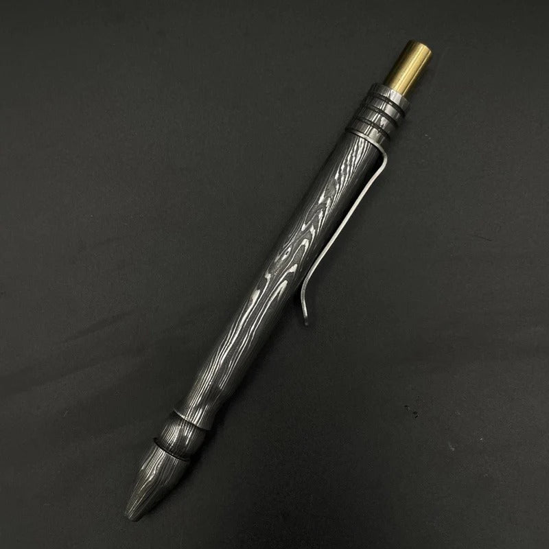Handmade Damascus Steel Pen: Brass Accents, Luxury Writing Instrument