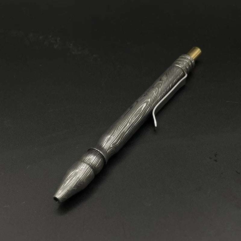 Handmade Damascus Steel Pen: Brass Accents, Luxury Writing Instrument