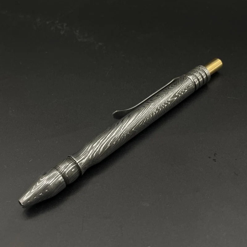 Handmade Damascus Steel Pen: Brass Accents, Luxury Writing Instrument