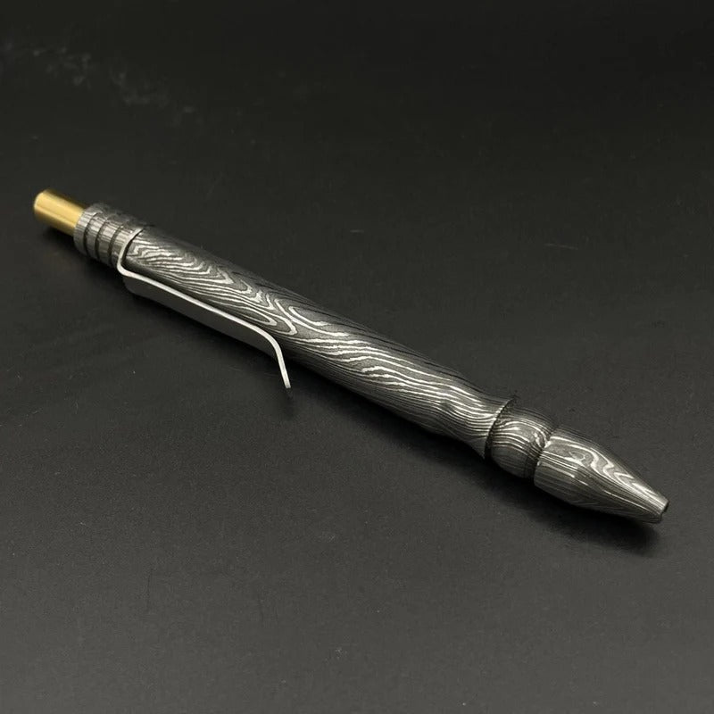 Handmade Damascus Steel Pen: Brass Accents, Luxury Writing Instrument