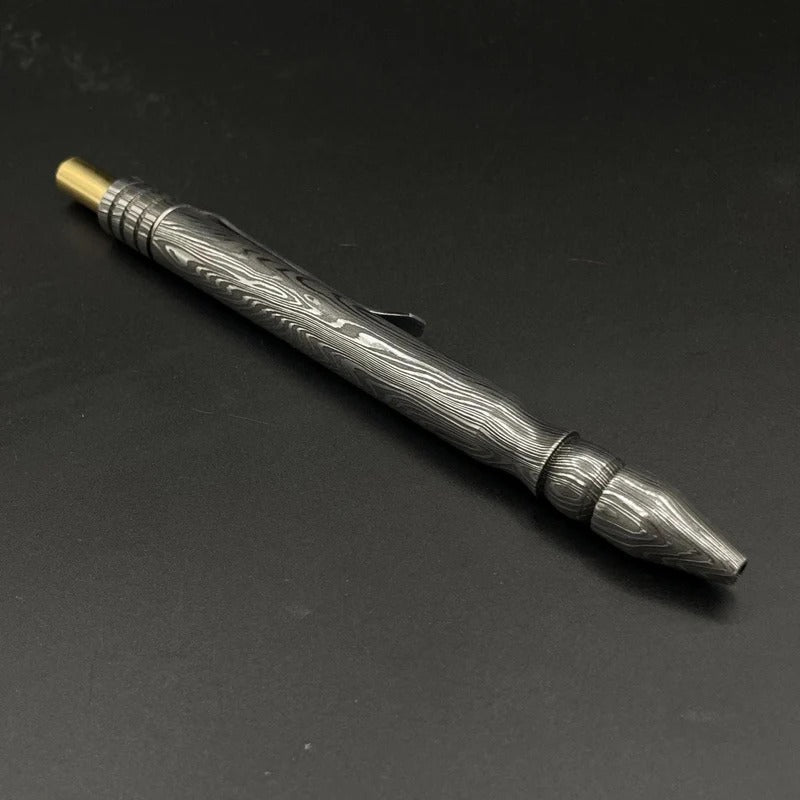 Handmade Damascus Steel Pen: Brass Accents, Luxury Writing Instrument