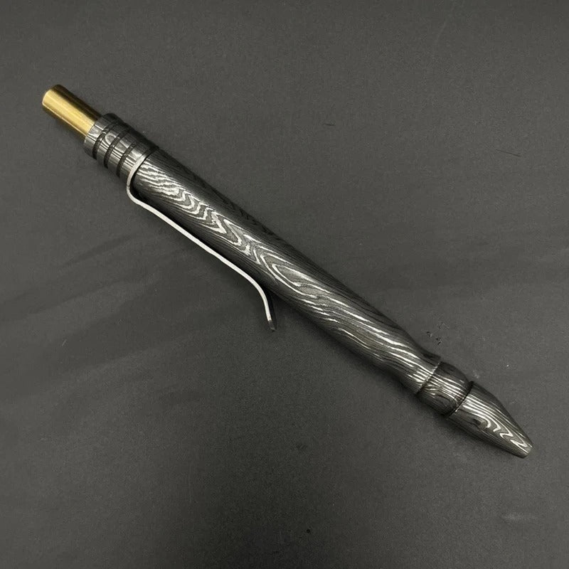 Handmade Damascus Steel Pen: Brass Accents, Luxury Writing Instrument