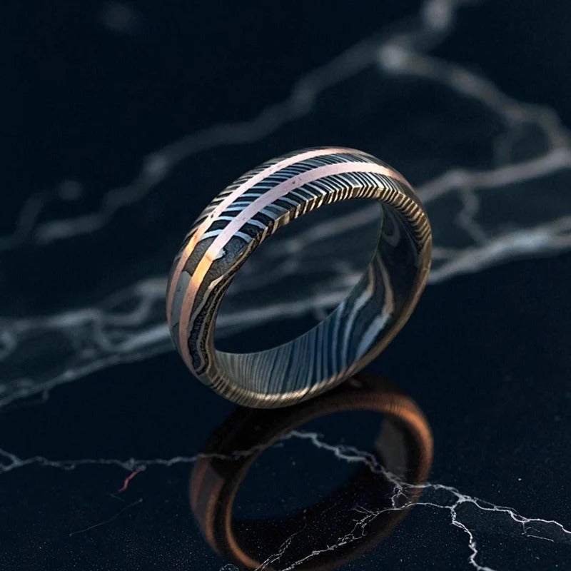 Handmade Damascus Steel Ring: Black Etched Copper Inlay