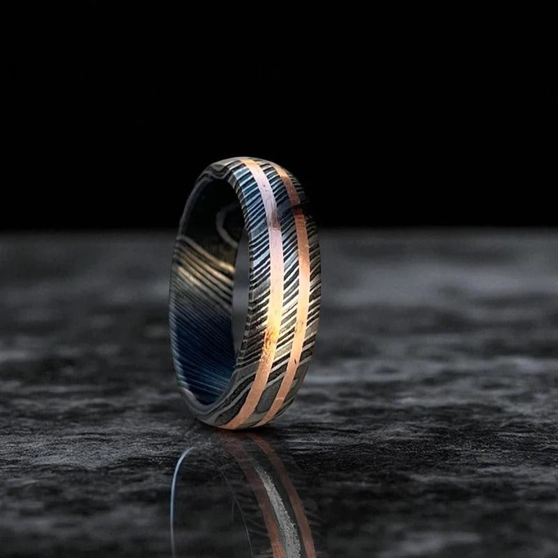 Handmade Damascus Steel Ring: Black Etched Copper Inlay