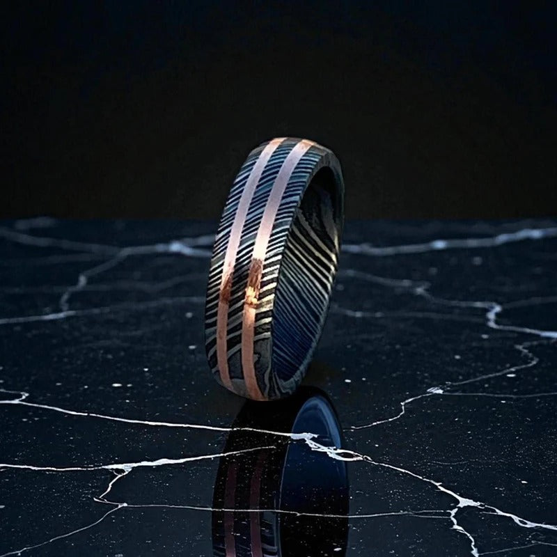 Handmade Damascus Steel Ring: Black Etched Copper Inlay