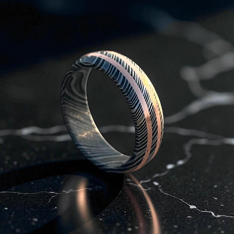 Handmade Damascus Steel Ring: Black Etched Copper Inlay