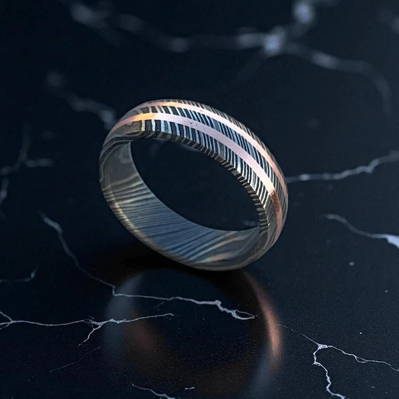 Handmade Damascus Steel Ring: Black Etched Copper Inlay