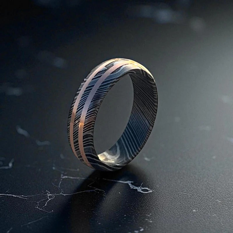 Handmade Damascus Steel Ring: Black Etched Copper Inlay