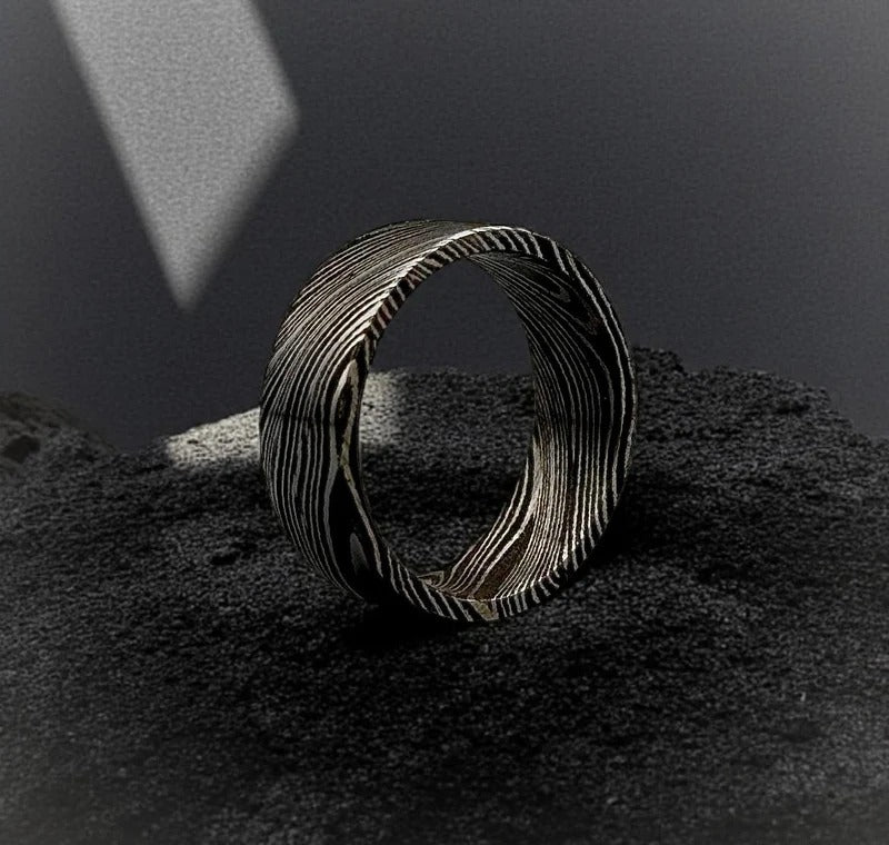Handmade Damascus Steel Ring: 8mm Flat Band, Deep Pattern