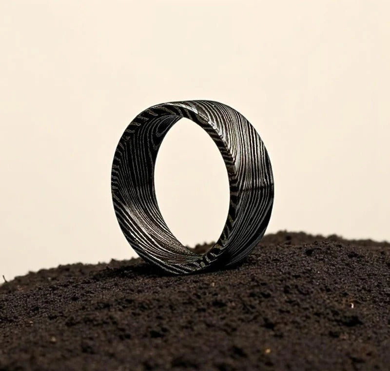 Handmade Damascus Steel Ring: 8mm Flat Band, Deep Pattern