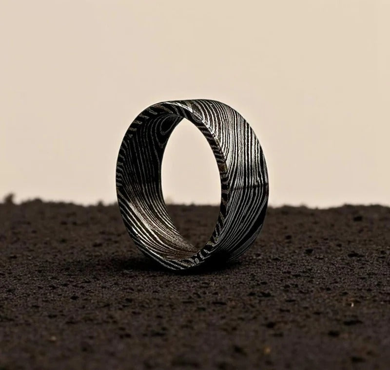 Handmade Damascus Steel Ring: 8mm Flat Band, Deep Pattern