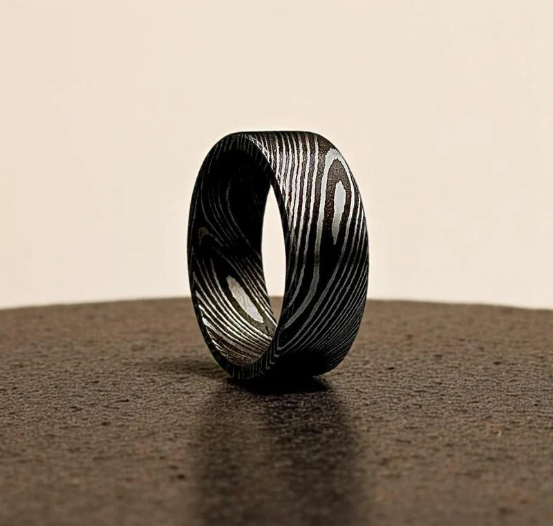 Handmade Damascus Steel Ring: 8mm Flat Band, Deep Pattern
