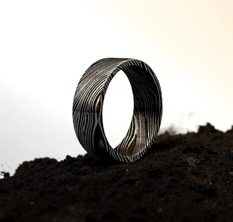 Handmade Damascus Steel Ring: 8mm Flat Band, Deep Pattern