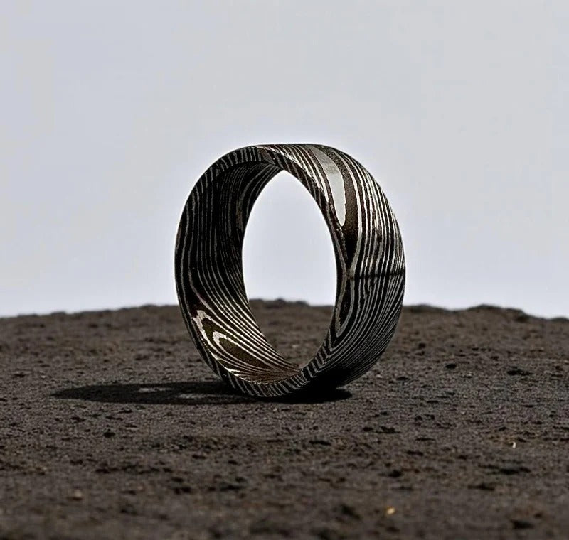 Handmade Damascus Steel Ring: 8mm Flat Band, Deep Pattern