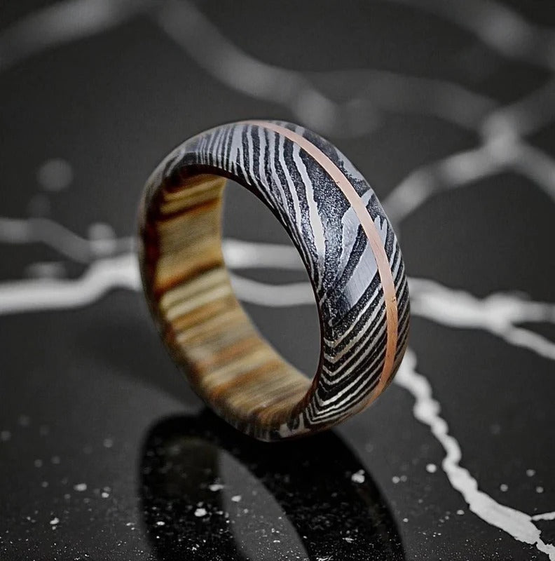 Handmade Damascus Steel & Whiskey Barrel Ring: Copper Inlay Wedding Band