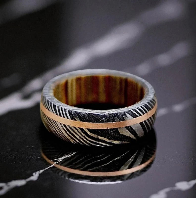 Handmade Damascus Steel & Whiskey Barrel Ring: Copper Inlay Wedding Band