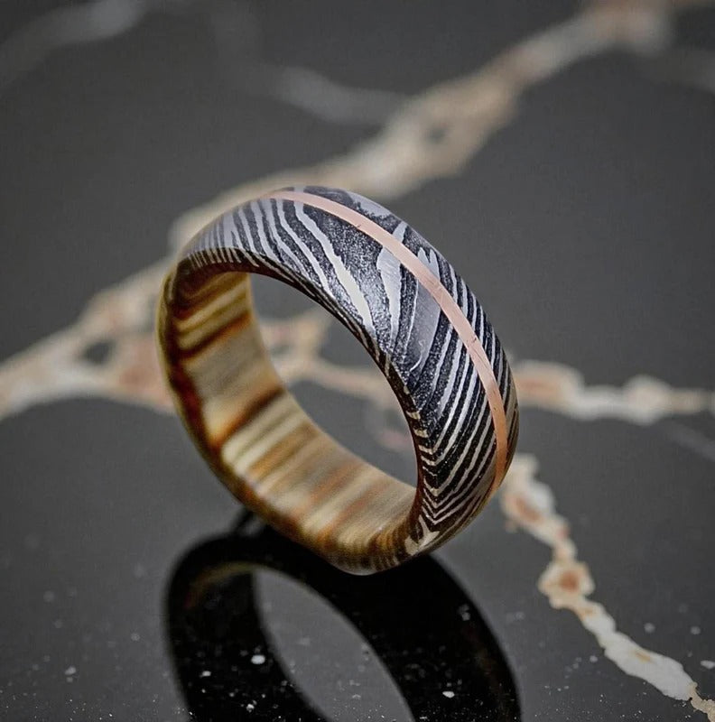 Handmade Damascus Steel & Whiskey Barrel Ring: Copper Inlay Wedding Band