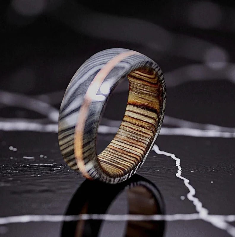Handmade Damascus Steel & Whiskey Barrel Ring: Copper Inlay Wedding Band