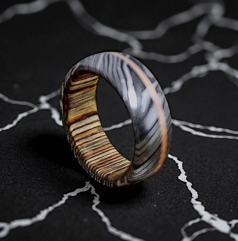 Handmade Damascus Steel & Whiskey Barrel Ring: Copper Inlay Wedding Band