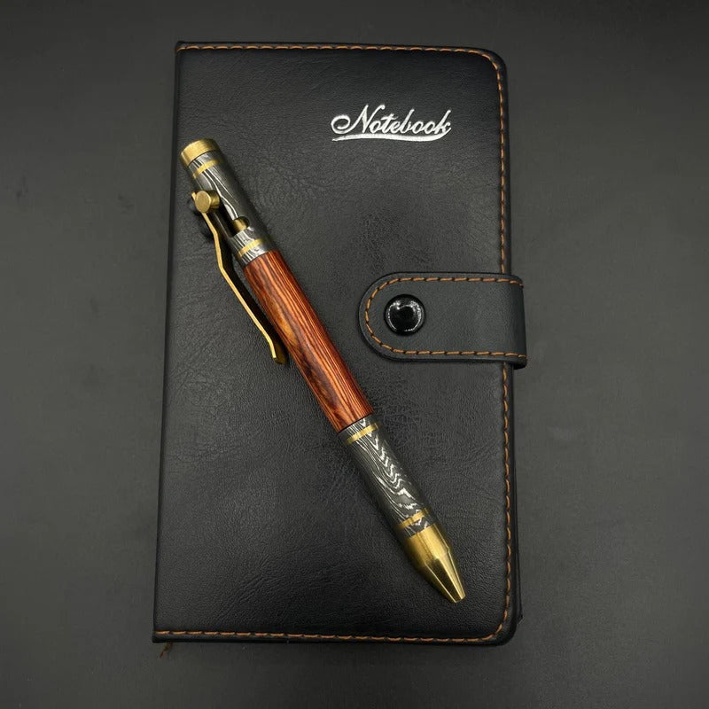 Handmade Damascus Steel & Wood Pen: Brass Accents, Luxury Writing Instrument