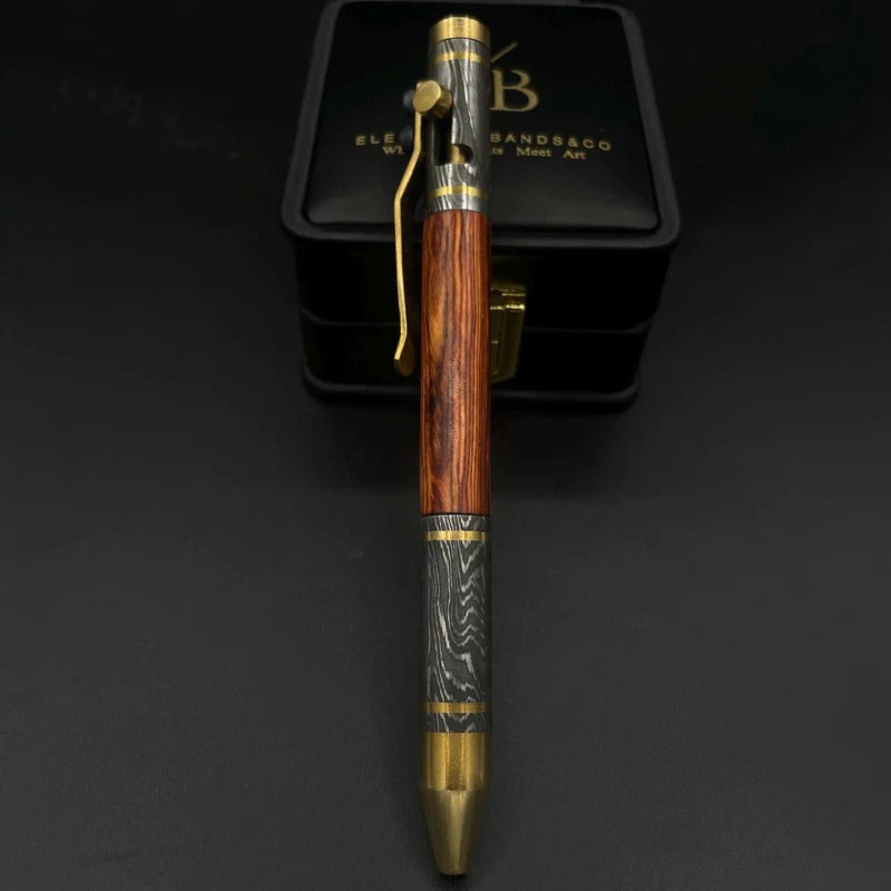 Handmade Damascus Steel & Wood Pen: Brass Accents, Luxury Writing Instrument