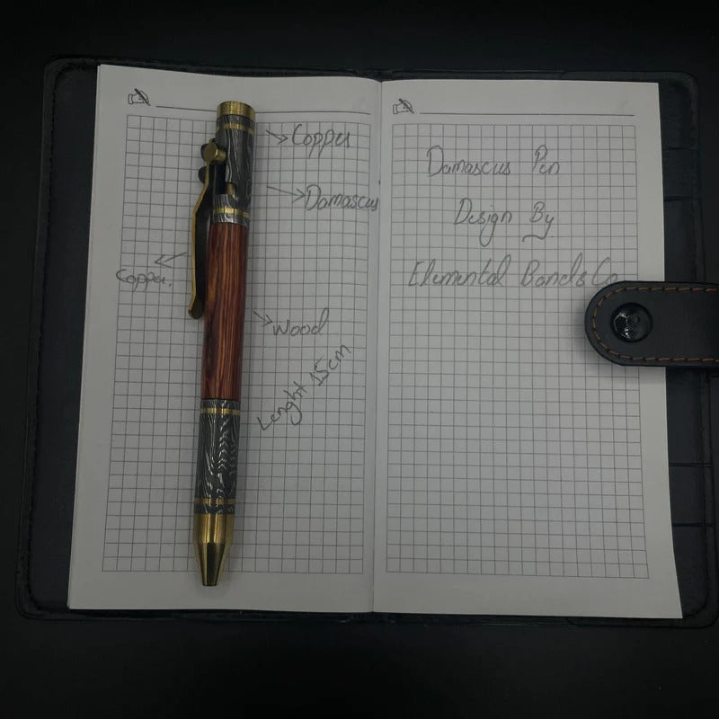 Handmade Damascus Steel & Wood Pen: Brass Accents, Luxury Writing Instrument