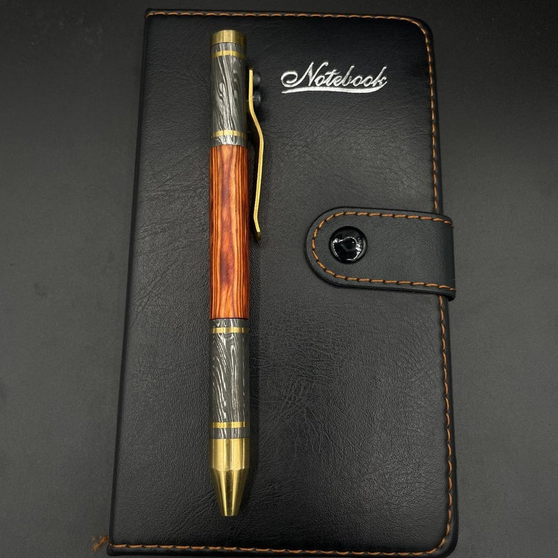 Handmade Damascus Steel & Wood Pen: Brass Accents, Luxury Writing Instrument