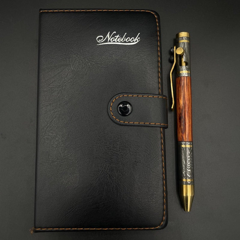 Handmade Damascus Steel & Wood Pen: Brass Accents, Luxury Writing Instrument
