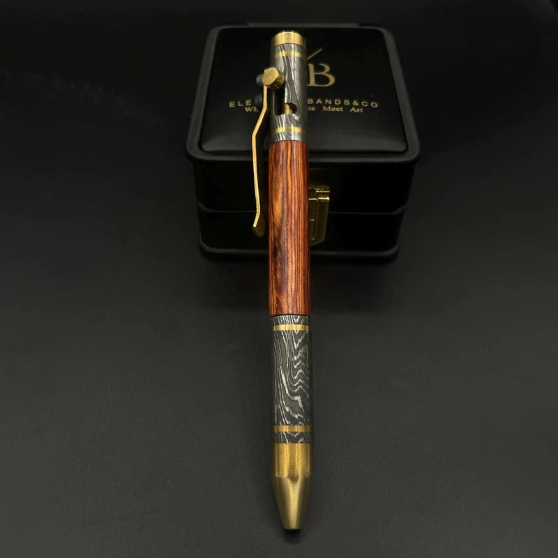 Handmade Damascus Steel & Wood Pen: Brass Accents, Luxury Writing Instrument