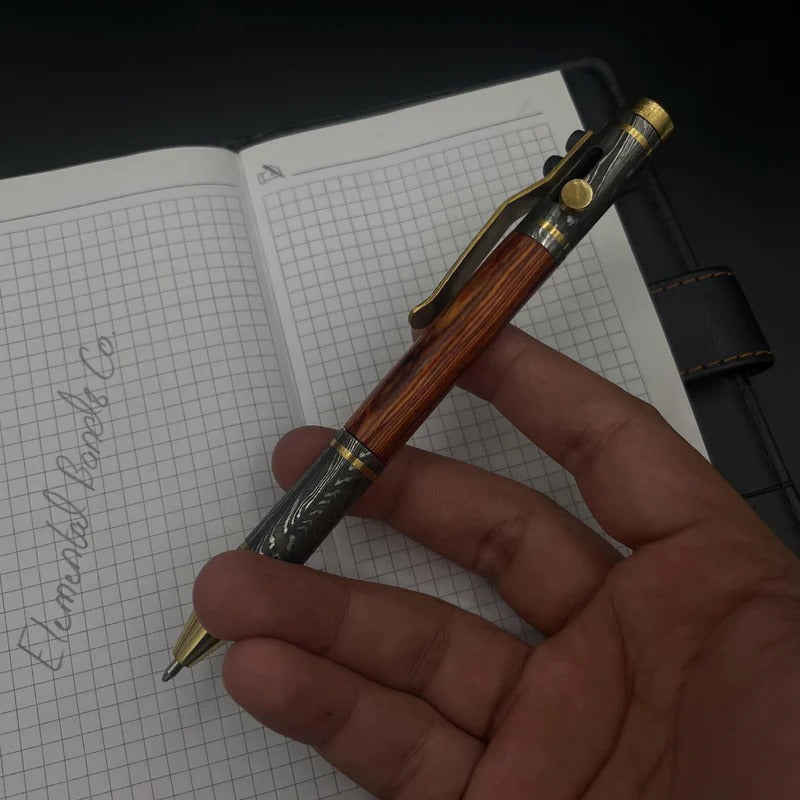 Handmade Damascus Steel & Wood Pen: Brass Accents, Luxury Writing Instrument