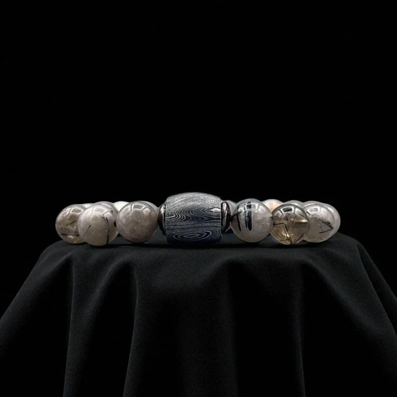 Jasper Bead Bracelet with Damascus Steel Barrel – Handmade Gemstone Jewelry with Gift Box.