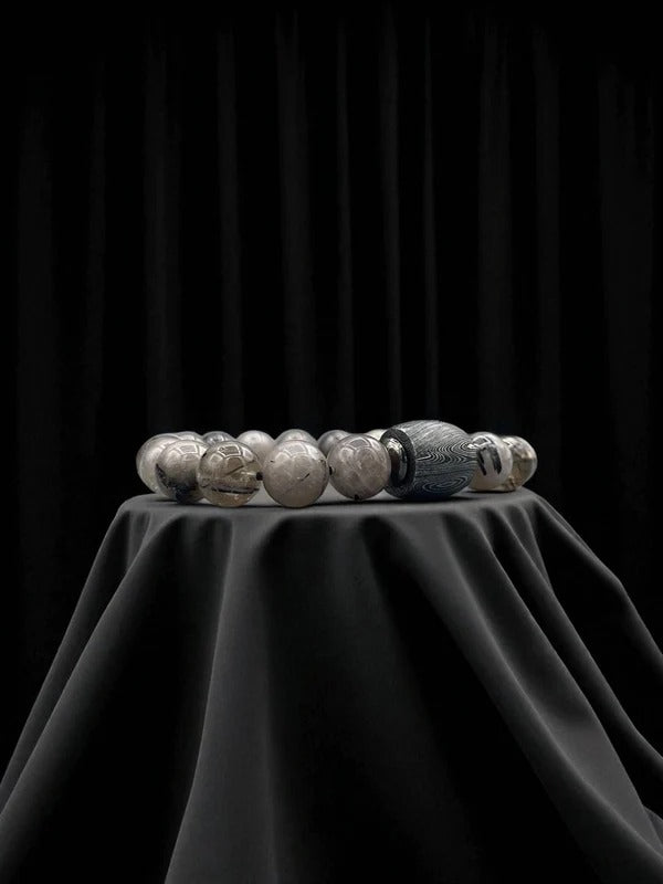 Jasper Bead Bracelet with Damascus Steel Barrel – Handmade Gemstone Jewelry with Gift Box.