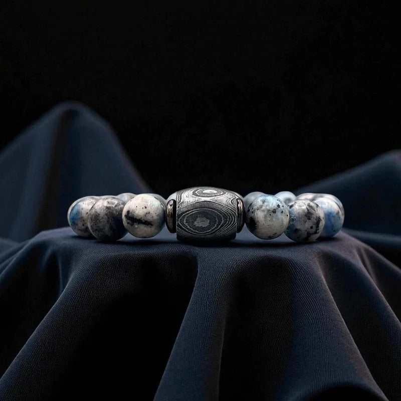 K2 Jasper Bead Bracelet with Damascus Steel Barrel – Rare Gemstone Jewelry with Gift Box.