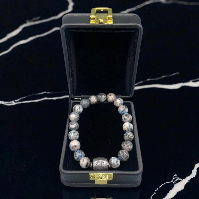 K2 Jasper Bead Bracelet with Damascus Steel Barrel – Rare Gemstone Jewelry with Gift Box.