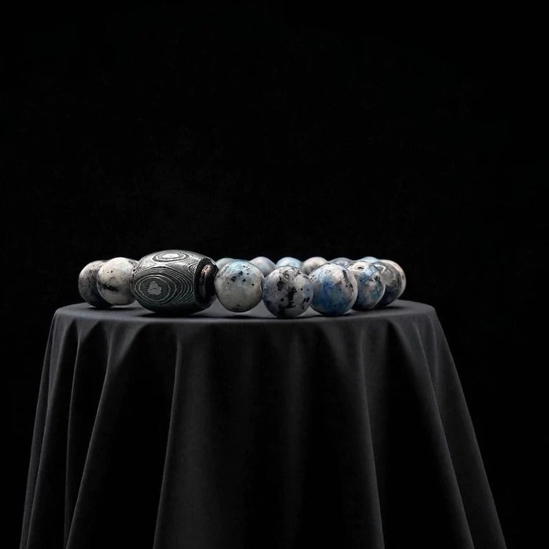 K2 Jasper Bead Bracelet with Damascus Steel Barrel – Rare Gemstone Jewelry with Gift Box.