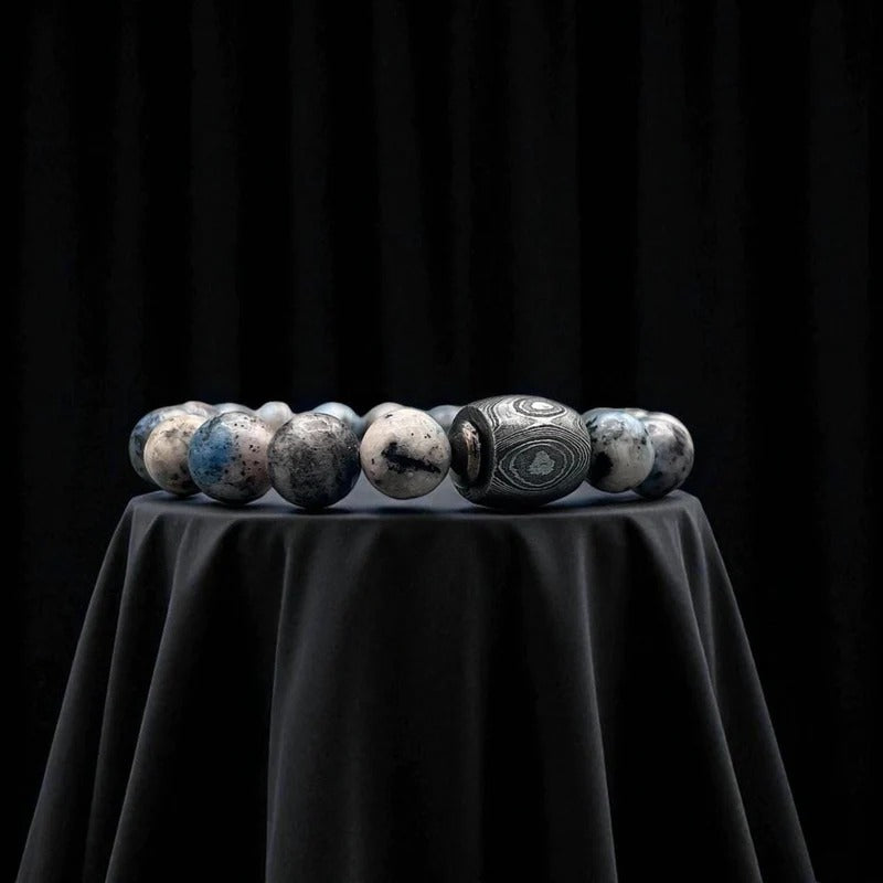 K2 Jasper Bead Bracelet with Damascus Steel Barrel – Rare Gemstone Jewelry with Gift Box.