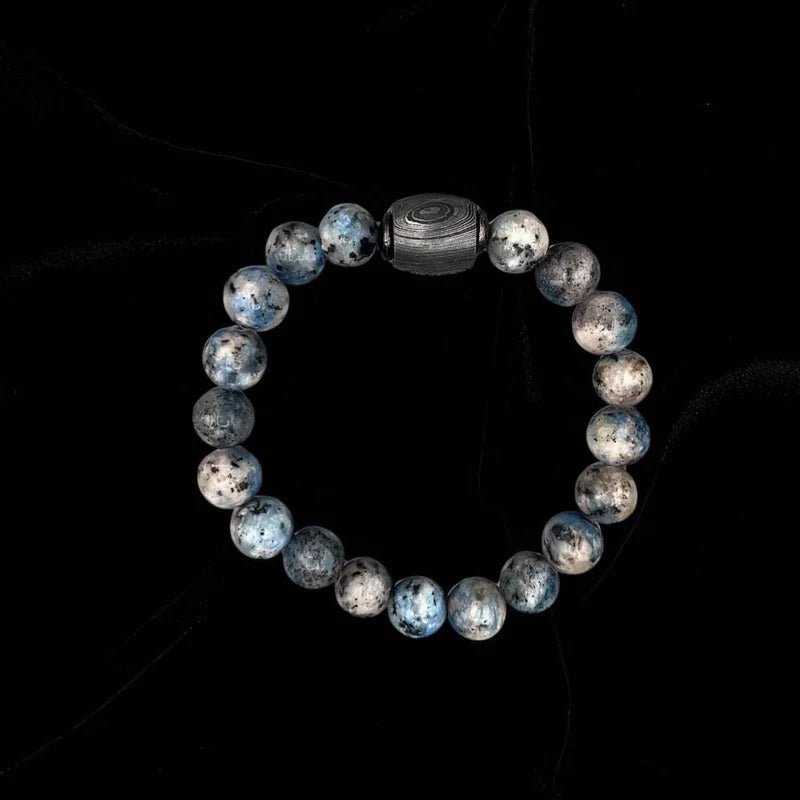 K2 Jasper Bead Bracelet with Damascus Steel Barrel – Rare Gemstone Jewelry with Gift Box.
