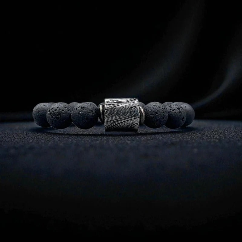 Lava Stone Bead Bracelet with Damascus Steel Barrel – Handmade Healing Jewelry with Gift Box.
