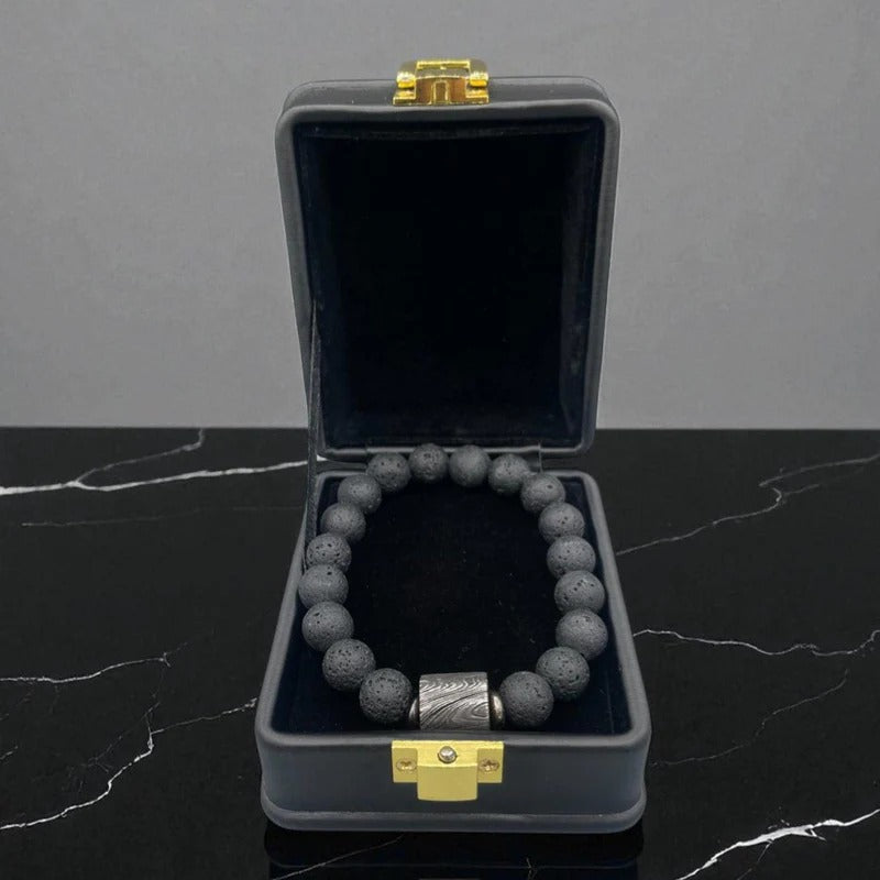Lava Stone Bead Bracelet with Damascus Steel Barrel – Handmade Healing Jewelry with Gift Box.