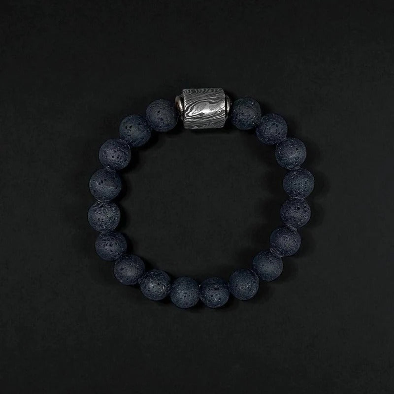 Lava Stone Bead Bracelet with Damascus Steel Barrel – Handmade Healing Jewelry with Gift Box.