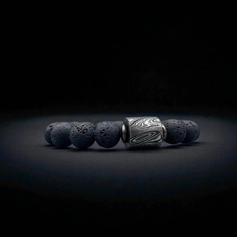 Lava Stone Bead Bracelet with Damascus Steel Barrel – Handmade Healing Jewelry with Gift Box.